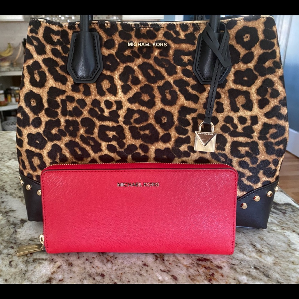 Michael Kors Animal Print Studded Satchel WITH Michael Kors Continental Wallet